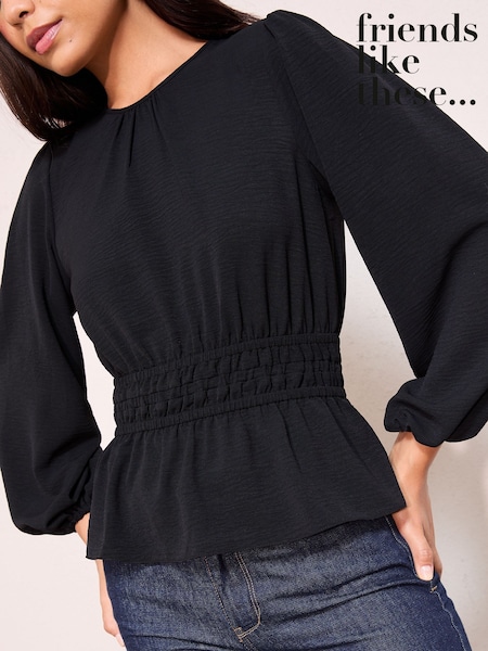 Friends Like These Navy Blue Shirred Waist Crew Neck Long Sleeve Blouse (W71856) | £33