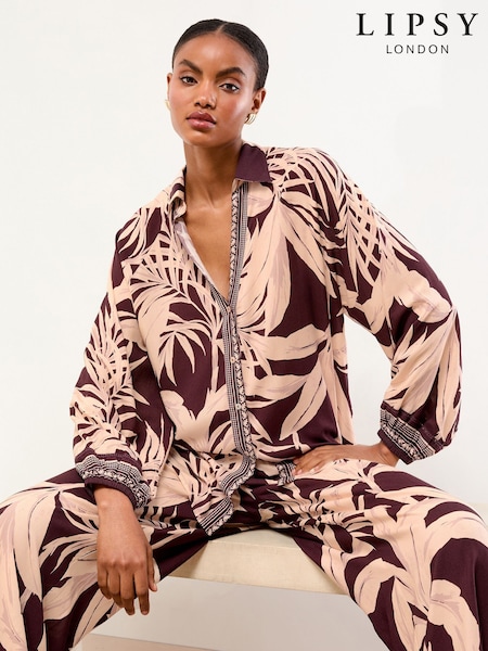 Lipsy Brown Palm Print Relaxed Beach Coverup Shirt (W72071) | £36