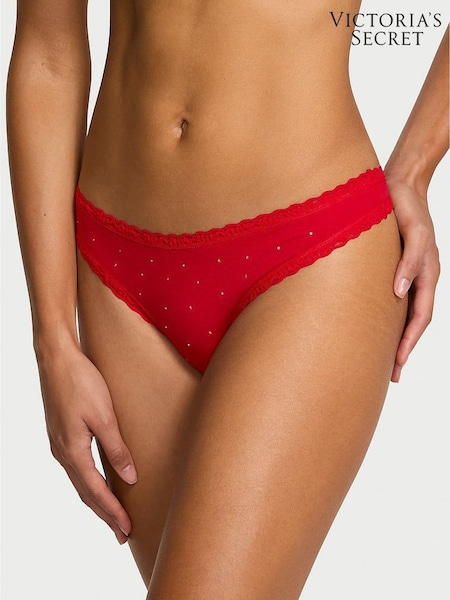 Victoria's Secret Lipstick Red Thong Cotton Lace Trim Sparkle Knickers (W72107) | £10
