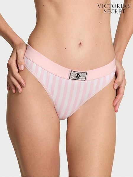 Victoria's Secret Iconic Stripe Pink Thong Logo Shine Patch Knickers (W72139) | £9