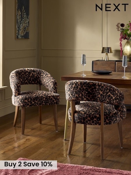 Set of 2 Alaska Faux Fur Leopard Remi Dark Wood Leg Dining Chairs (W72736) | £360