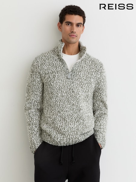 Reiss Sage Green Melange Seb Marled Half-Zip Knitted Jumper with Wool (W72747) | £148