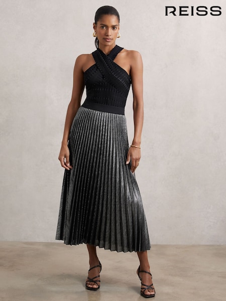 Reiss Charcoal Grey Taylor Metallic Pleated Midi Skirt (W72755) | £230
