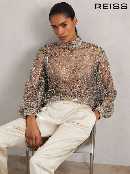 Reiss Silver Sienna High-Neck Embellished Top (W72762) | £180
