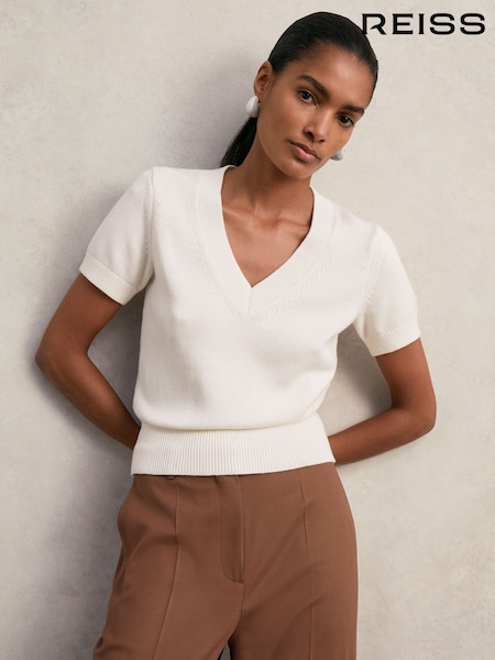 Reiss Ivory Valerie Cotton-Wool Knit V-Neck Top (W72763) | £88