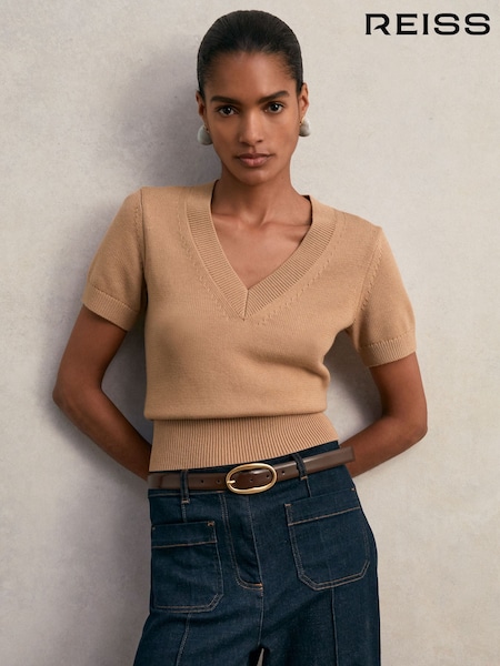 Reiss Camel Valerie Cotton-Wool Knit V-Neck Top (W72767) | £88