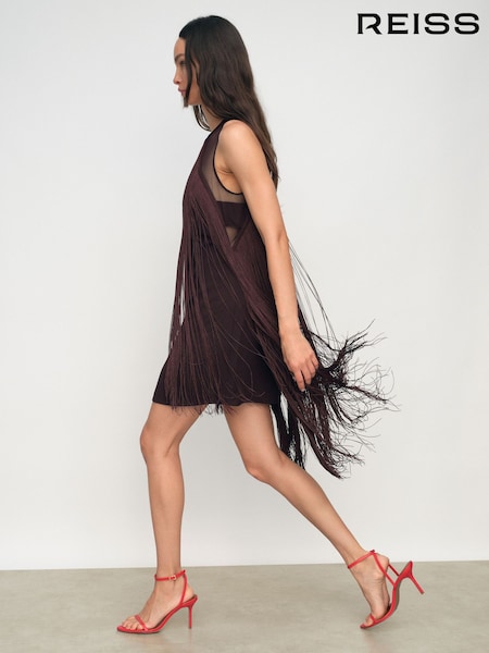 Reiss Burgundy Farrow Fringe-Detail Sheer-Panel Mini Dress (W72770) | £298