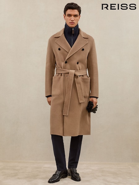 Atelier Camel Brown Sangiovese Double-Breasted Tie-Waist Overcoat (W72778) | £598