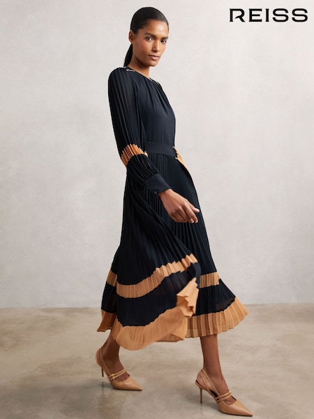 Reiss Navy/Camel Tori Colour-Block Pleated Midi Dress (W72785) | £240