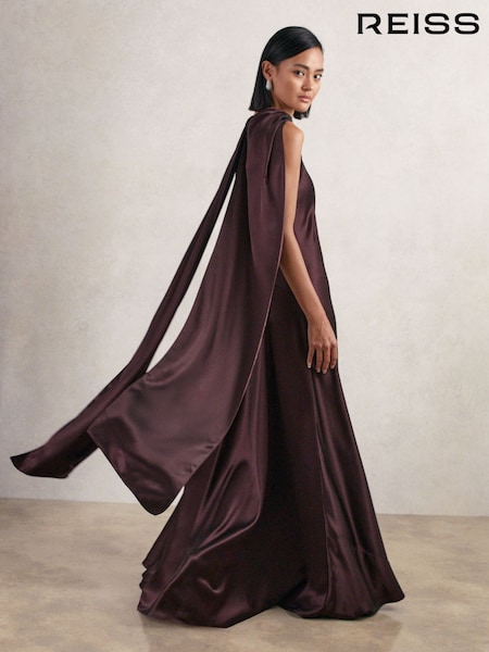 Reiss Burgundy Fae Satin Cape Maxi Dress (W72787) | £348