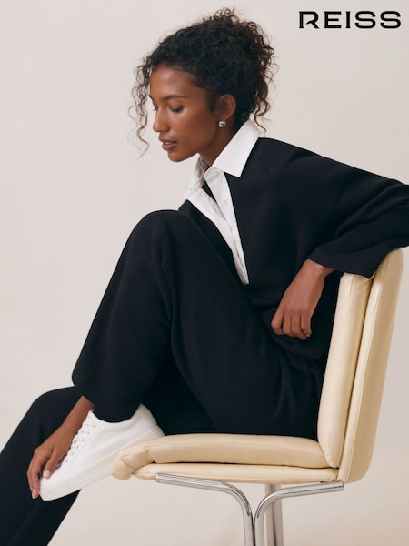 Reiss Black/White Gaia Cotton Blend Interlock Wide Leg Joggers (W72807) | £120