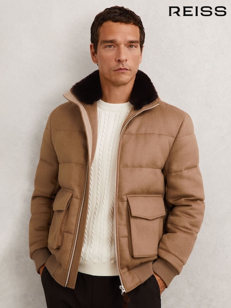 Reiss Light Brown Gerald Faux-Fur Collar Quilted Puffer Jacket (W72915) | £348