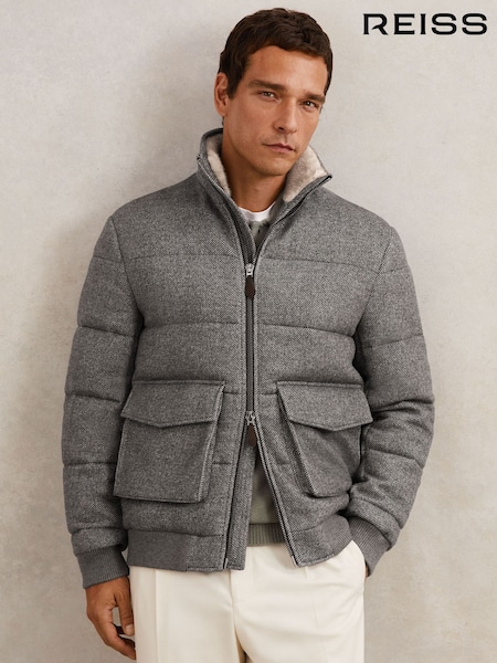 Reiss Grey Gerald Faux-Fur Collar Quilted Puffer Jacket (W72917) | £348