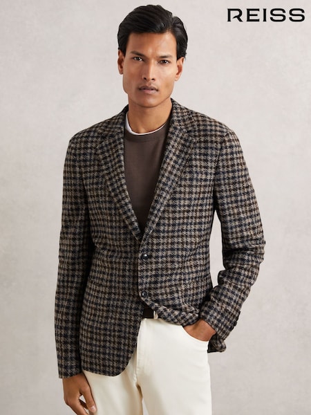 Reiss Brown Brazanati Wool-Blend Dogtooth Check Blazer (W72920) | £298