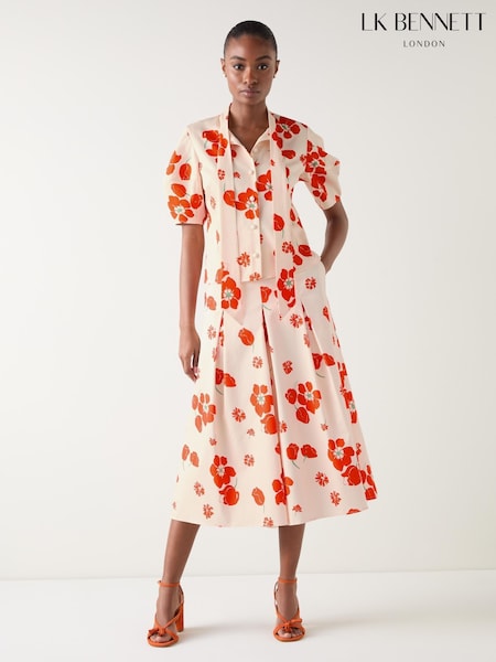 LK Bennett Cream Multi Cotton Block Floral Print Sateen Blouse With Shaped Sleeve (W73014) | £149