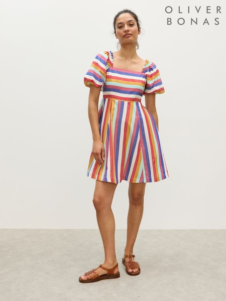 Oliver Bonas Blue Mini Rainbow Striped Puff Sleeve Dress (W73112) | £75
