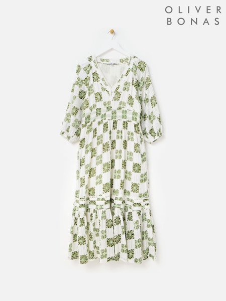 Oliver Bonas Green Floral Tile Print V-Neck Tiered Midi Dress (W73121) | £85