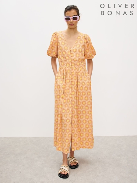 Oliver Bonas Orange Yellow Sunburst Print V-Neck Midi Dress (W73122) | £80