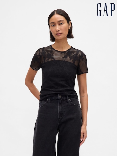 Gap Black Floral Lace Mesh Top (W73522) | £25