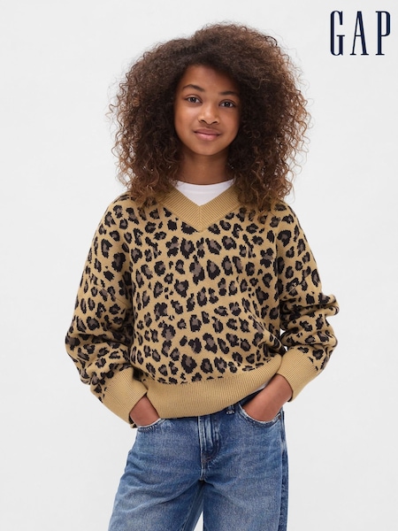 Gap Brown Leopard Print Boxy V-Neck Jumper (4-13yrs) (W73569) | £30