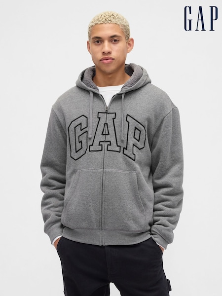 Gap Grey Relaxed Logo Sherpa-Lined Zip Hoodie (W73611) | £45