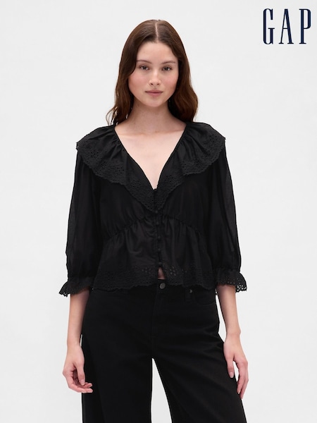 Gap Black Ruffle Collar V-Neck Top (W73760) | £50