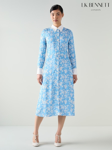 LK Bennett Blue Kate Meadow Print Viscose Shirt Dress With Self Fabric Belt (W73782) | £299