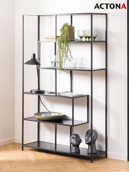 Actona Black Seaford Metal Large Asymmetrical Bookcase with 5 Black Shelves (W73810) | £190