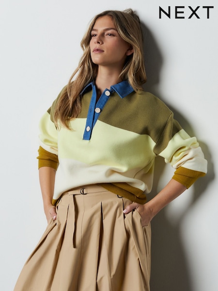 Lime Green Stripe Denim Collar Cosy Soft Touch Long Sleeve Polo Neck Jumper Top (W73912) | £38