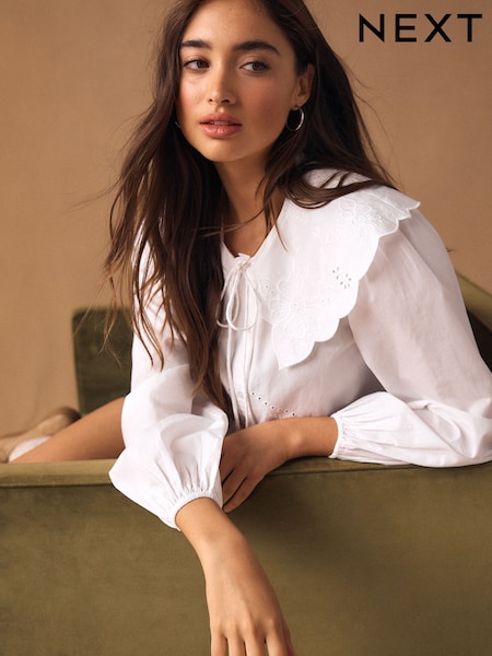 White Statement Collar Broderie Long Sleeve Blouse (W74143) | £42