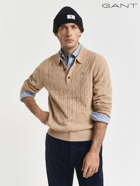 GANT Brown Lambswool Cable Knit Polo Shirt (W74258) | £150