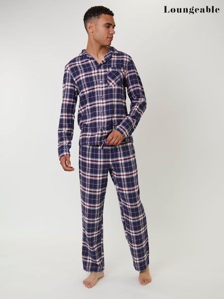 Loungeable Blue Long Sleeve Button Shirt And Trousers Flannel Pyjamas Set (W74312) | £34