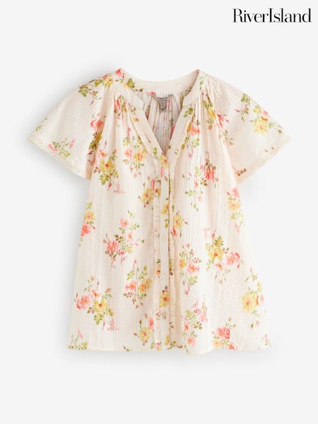 River Island Cream Floral Print Frill V-Neck Top (W74612) | £26