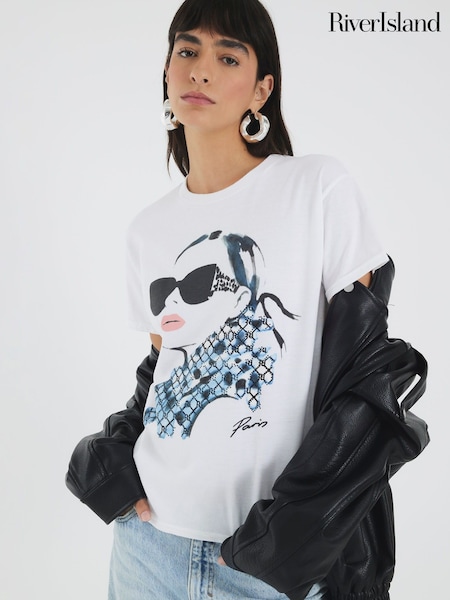 River Island White Monogram Face T-Shirt (W74616) | £25