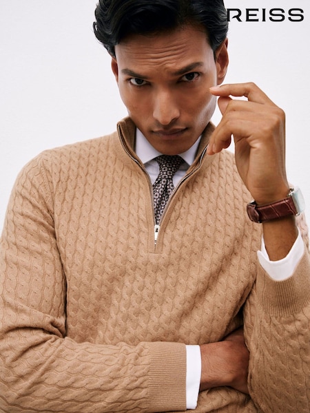 Reiss Camel Brown Richmond Atelier 100% Cashmere Cable Zip Jumper (W74849) | £220