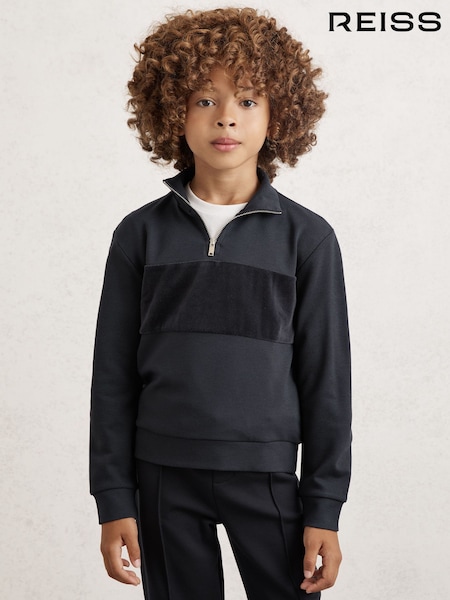 Reiss Navy Blue Selin 3-9 yrs Slim Fit Half-Zip Funnel Neck Velour Sweatshirt (W74944) | £38