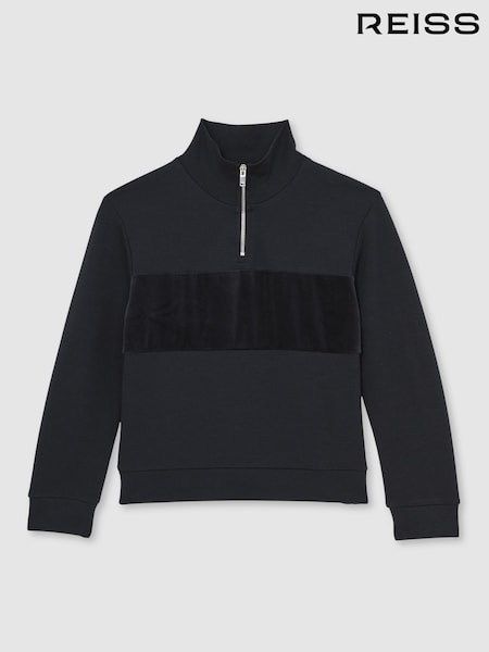 Reiss Navy Blue Selin 13-14 yrs Slim Fit Half-Zip Funnel Neck Velour Sweatshirt (W74953) | £44