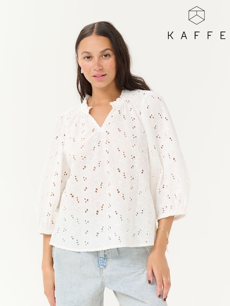Kaffe KAtessa Cotton V-Neck 3/4 Sleeve White Blouse (W75046) | £80