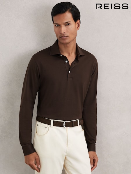 Reiss Brown Porofino Cotton-Jersey Long Sleeve Polo Shirt (W75064) | £98