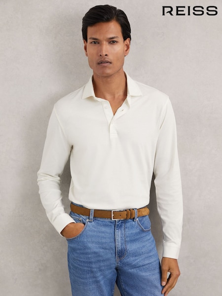Reiss White Porofino Cotton-Jersey Long Sleeve Polo Shirt (W75066) | £98