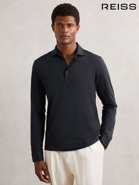 Reiss Navy Porofino Cotton-Jersey Long Sleeve Polo Shirt (W75068) | £98