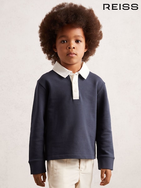 Reiss Navy/White Aidan Cotton Half-Button Rugby Polo Shirt (W75082) | £36