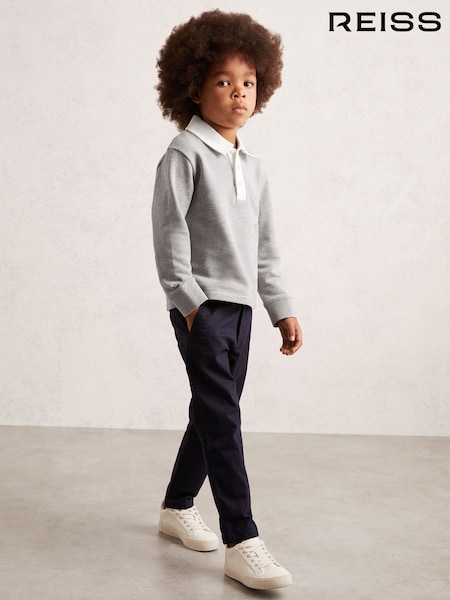 Reiss Grey Marl/White Aidan Cotton Half-Button Rugby Polo Shirt (W75083) | £32