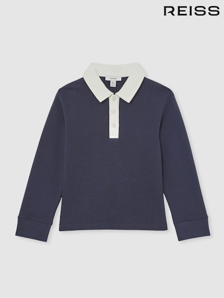 Reiss Navy/White Aidan Cotton Half-Button Rugby Polo Shirt (W75084) | £40