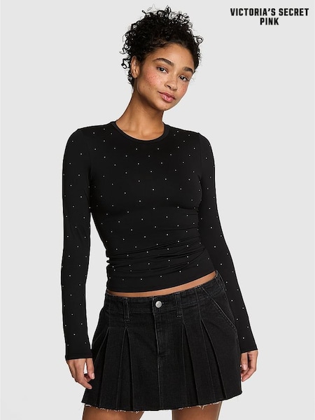 Victoria's Secret Pink Black Diamonte Long Sleeve Stretch T-Shirt (W75417) | £30
