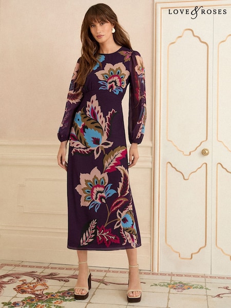 Love & Roses Purple Paisley Long Sleeve Midi Dress (W75433) | £76