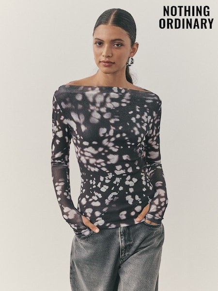 Nothing Ordinary Chocolate Brown Animal Print Slash Neck Long Sleeve Top (W75618) | £49