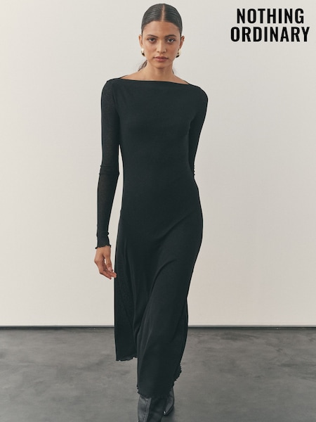 Nothing Ordinary Black Slash Neck Long Sleeve Midi Dress (W75640) | £89