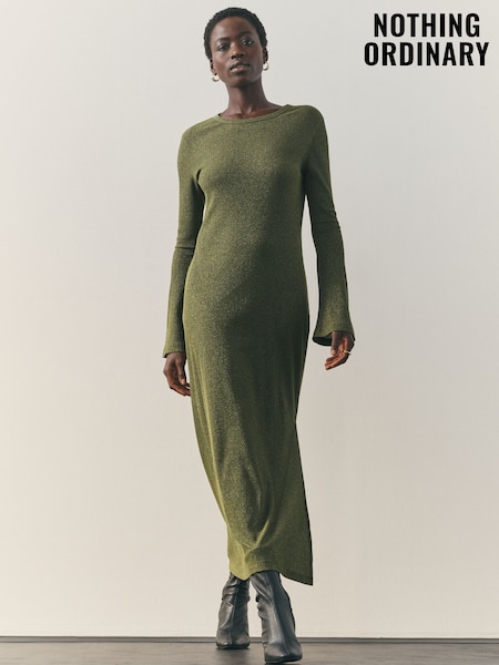 Nothing Ordinary Olive Green Metallic Crew Neck Maxi Dress (W75687) | £89