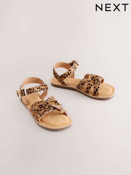 Brown Leopard Print Wide Fit (G) Leather Woven Sandals (W75888) | £23 - £30